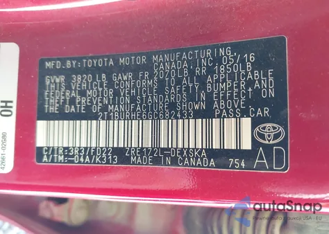 2016 Toyota Corolla S Plus from USA, damaged, VIN 2T1BURHE6GC682433